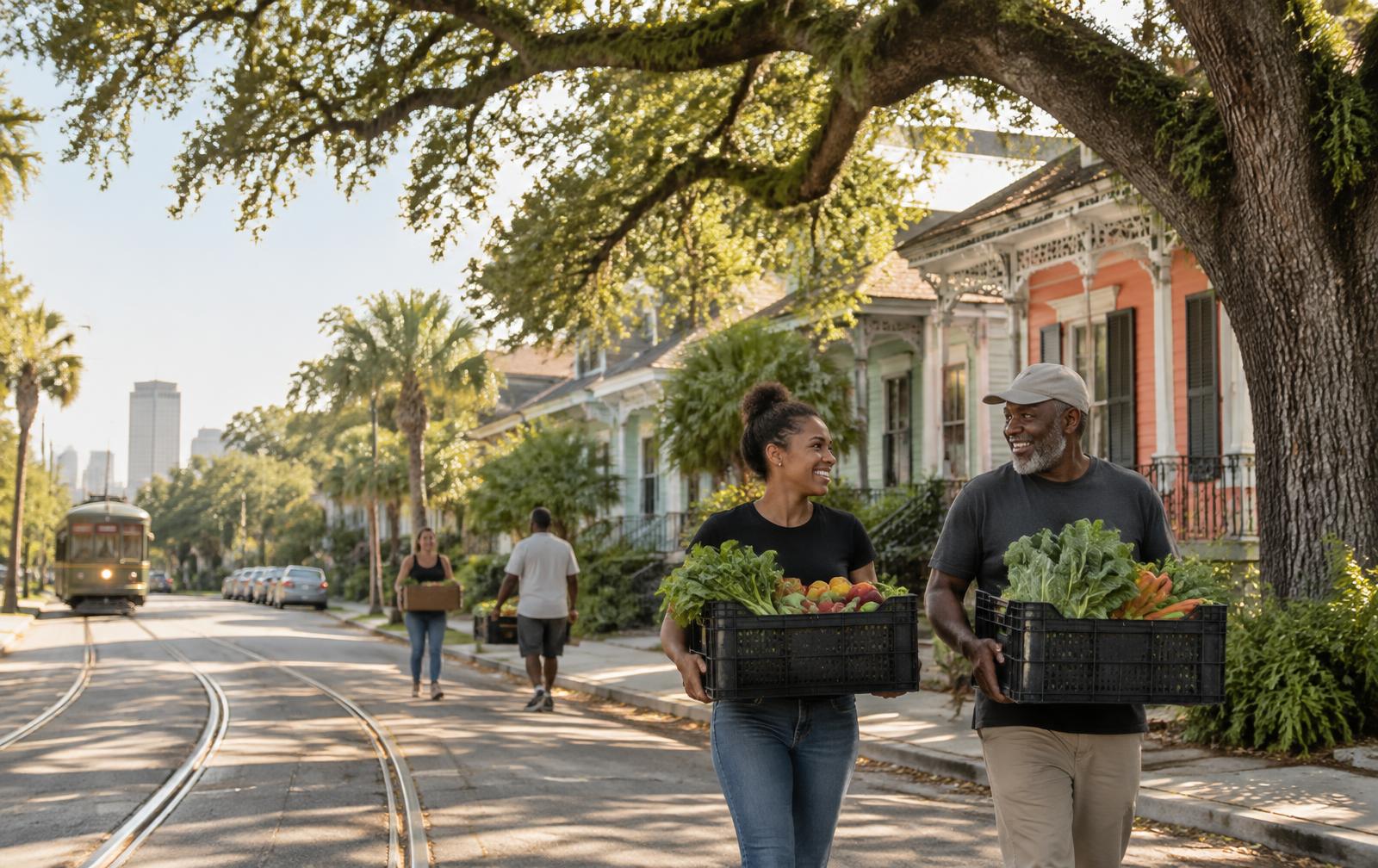 Neighbors working together beneath a New Orleans live oak